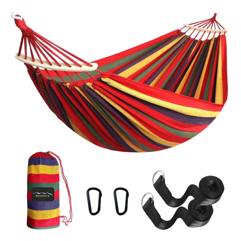 HASLIBERG – HAMACA PARAGUAYA ALGODON CORREAS SOPORTE 210X150 CM ROJO C/MADERA