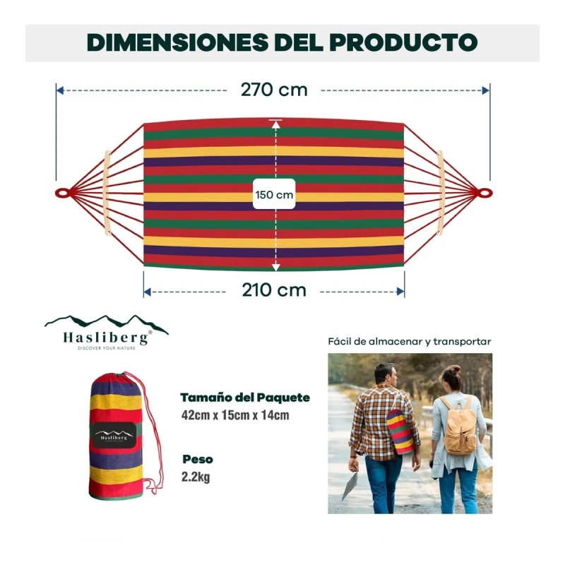 HASLIBERG – HAMACA PARAGUAYA ALGODON CORREAS SOPORTE 210X150 CM ROJO C/MADERA