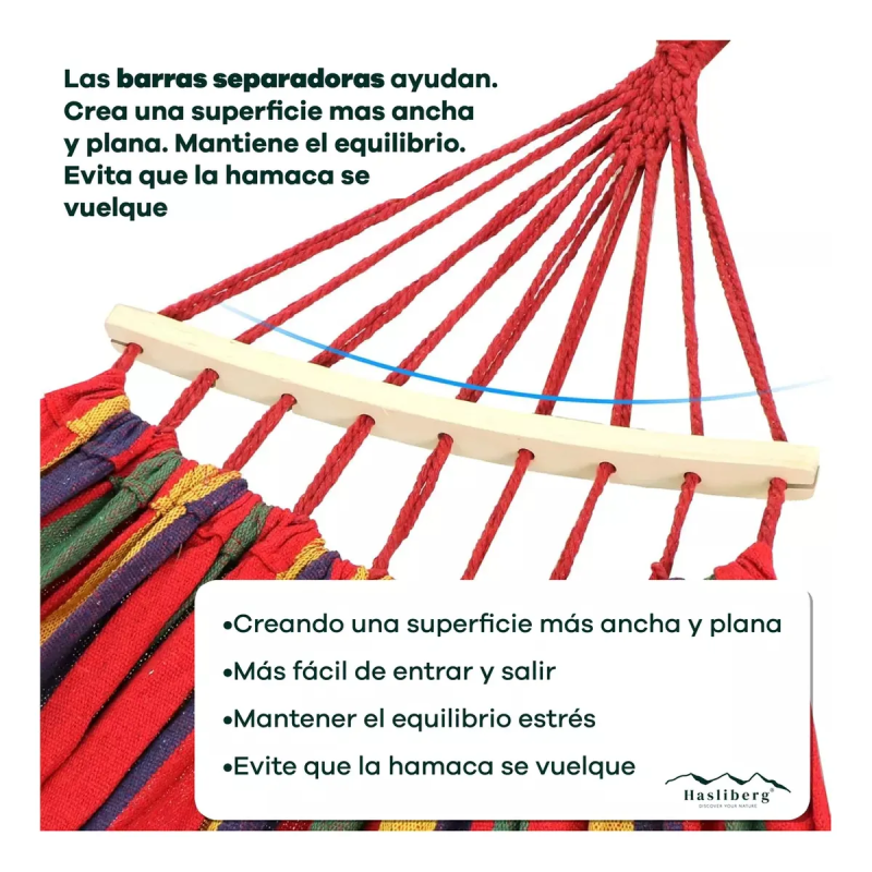 HASLIBERG – HAMACA PARAGUAYA ALGODON CORREAS SOPORTE 210X150 CM ROJO C/MADERA